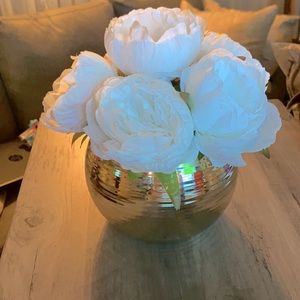 Gold glass vase with white artificial flowers 9”h